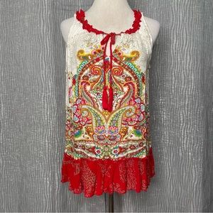 Bila sleeveless tassel tie paisley/floral flounce hem top